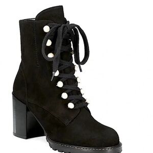Size 39 Stuart Weitzman Black Lace-Up Boots with Pearls NEVER WORN